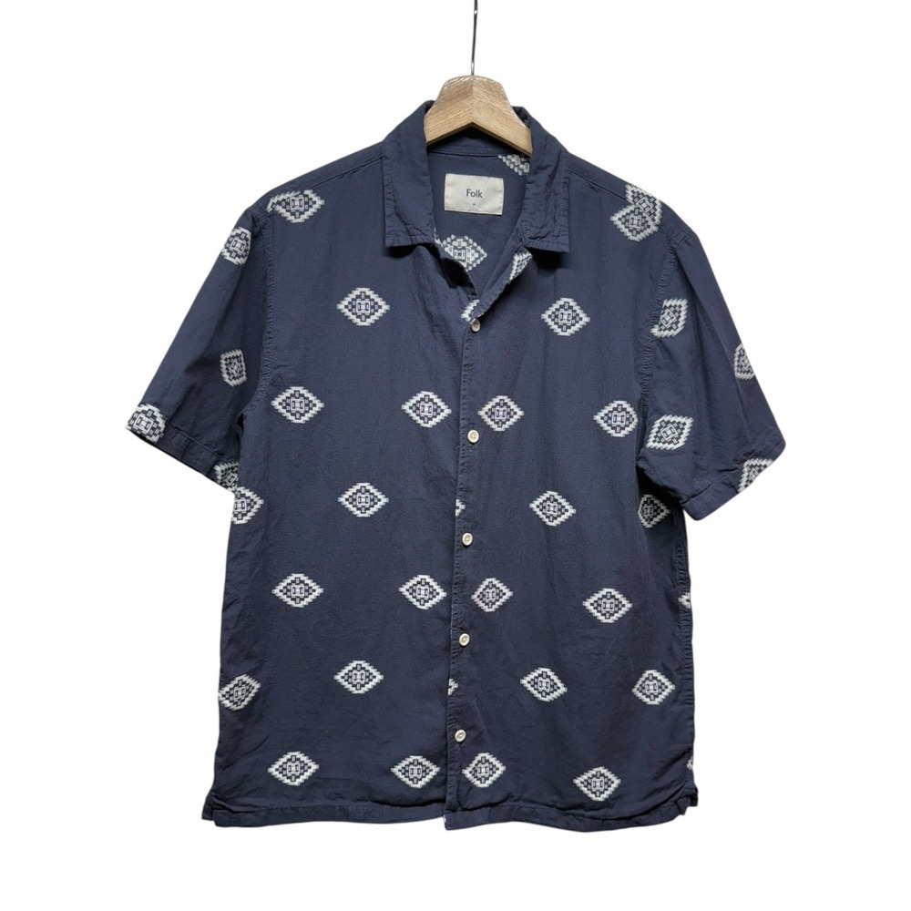 Folk Clothing Embroidered Short Sleeve Button Down Shirt Mens Sz‎ M Blue Aztec